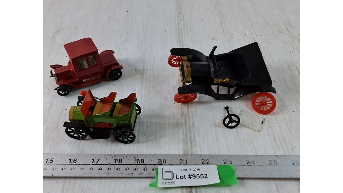 (3) Mini Toy Car Models, Red Ford Model T 1915, Green Lever Action Motorized, Black As-Is