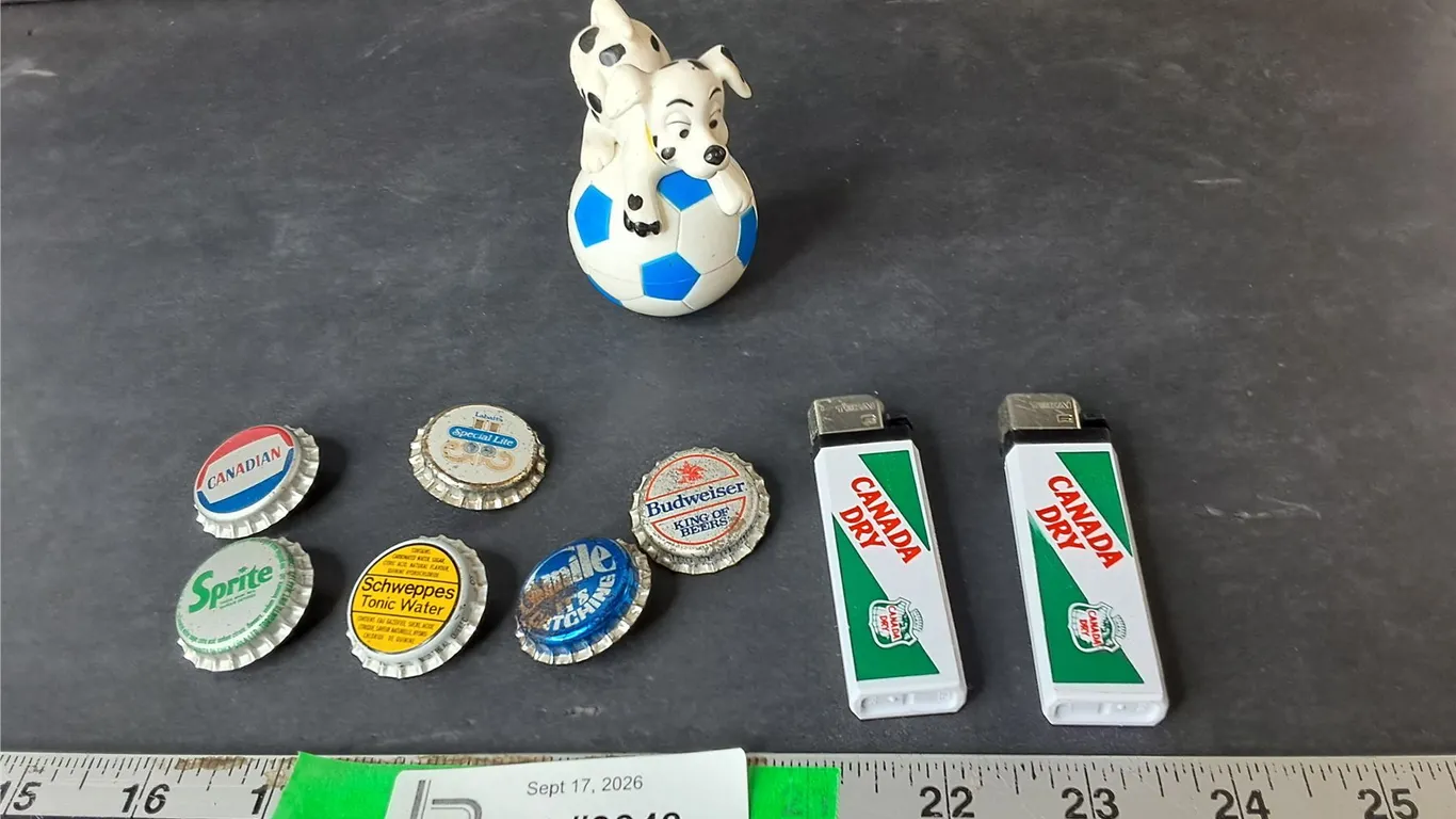 Bottle Cap Style Pins, Canada Dry Lighters, Dalmations Toy- Can't Ship