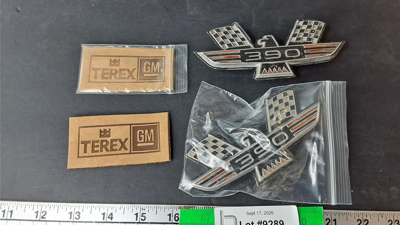 Terex GM Clothing Patches & Ford Galaxie 390 Fender Badges