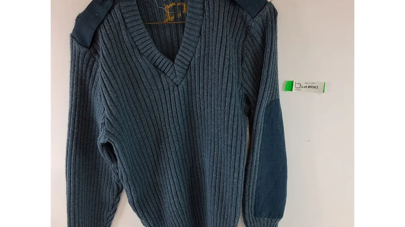 Blue V-Neck Sweater with Epaulettes and Padded Elbows, ~Medium Size