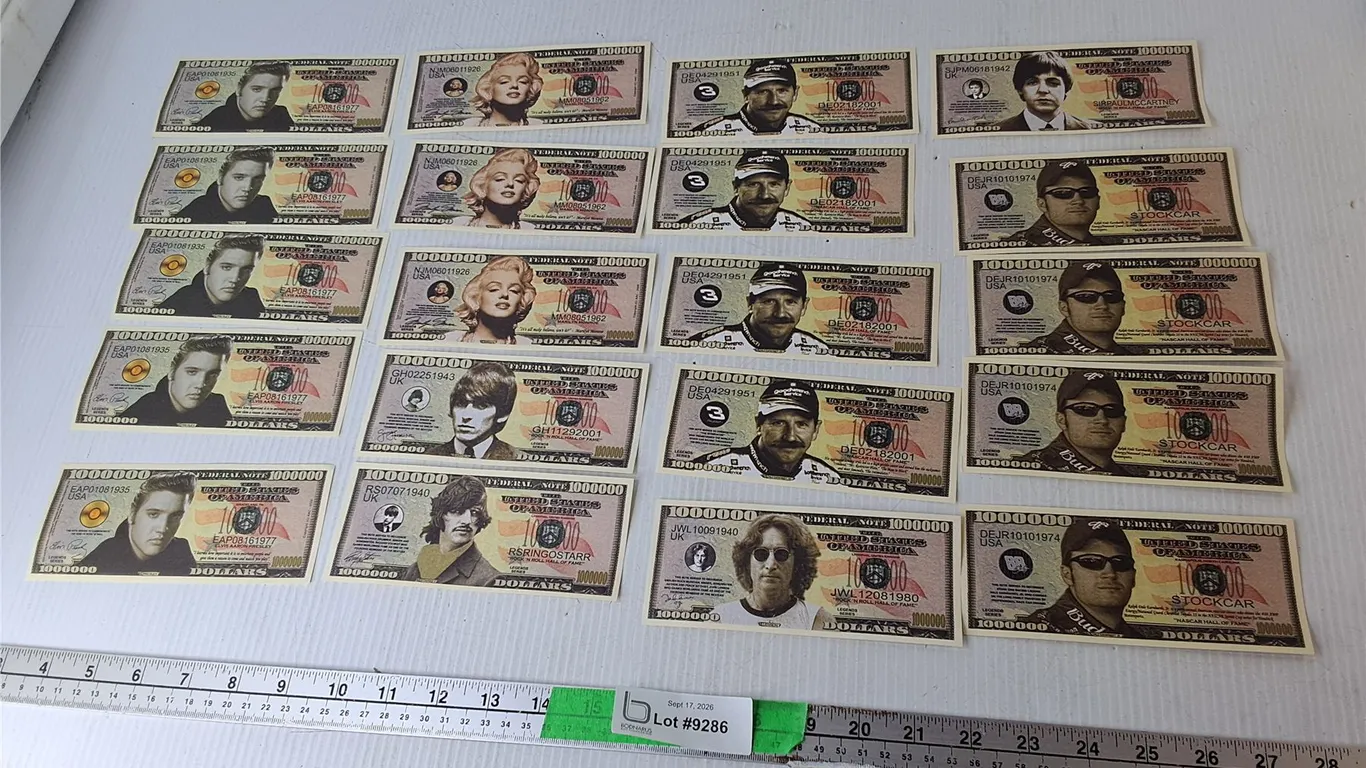 (20) U.S. Artificial Bills- Elvis Presley, Marilyn Monroe, The Beatles, Misc.