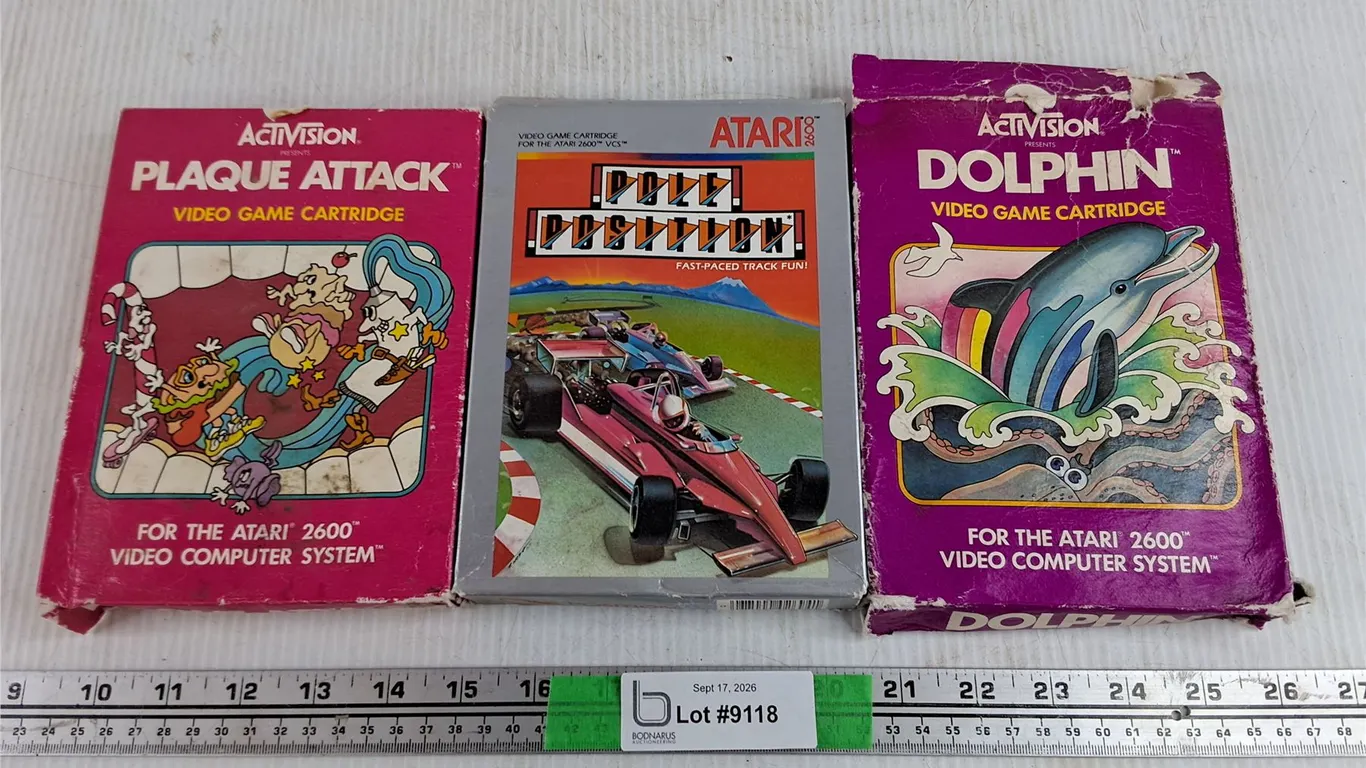 Vintage Atari Game Cartridges - Plaque Attack, Dolphin, Pole Position