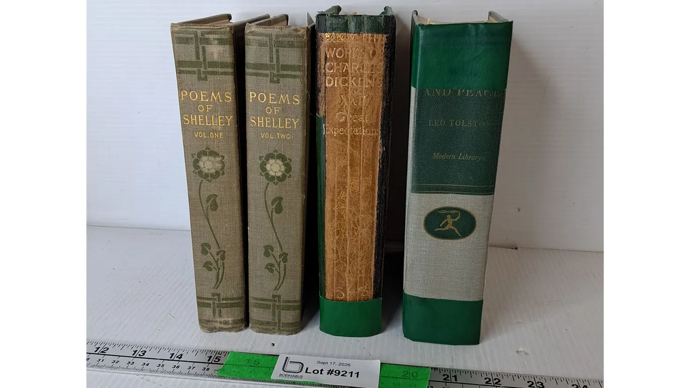 (4) Approximately Antique Books- Poems of Shelley, Great Expectations, War and Peace