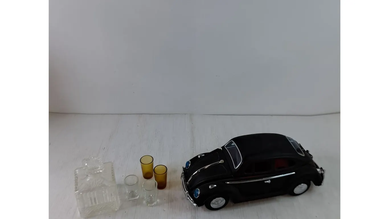 Small Miniature Black Classic Car Storage & Music Box, (1) Decanter (4) Shot Glasses
