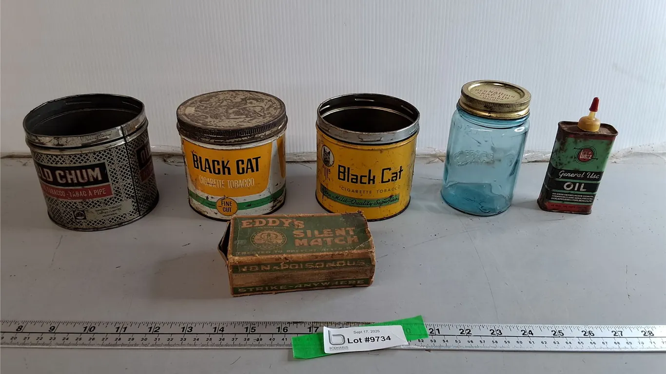 Vintage Tobacco Tins, Whiz Oil Lubricant, Eddy's Silent Match Box, Misc.