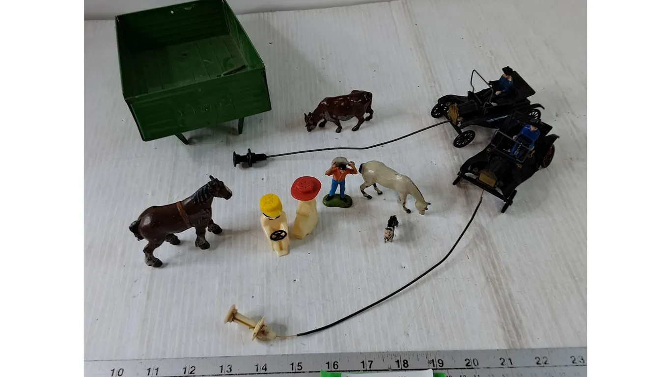 Motorists Salt & Pepper Shakers, (2) Pneumatic Vehicle Toys As-Is, Plastic Farm Animals and Metal Fa