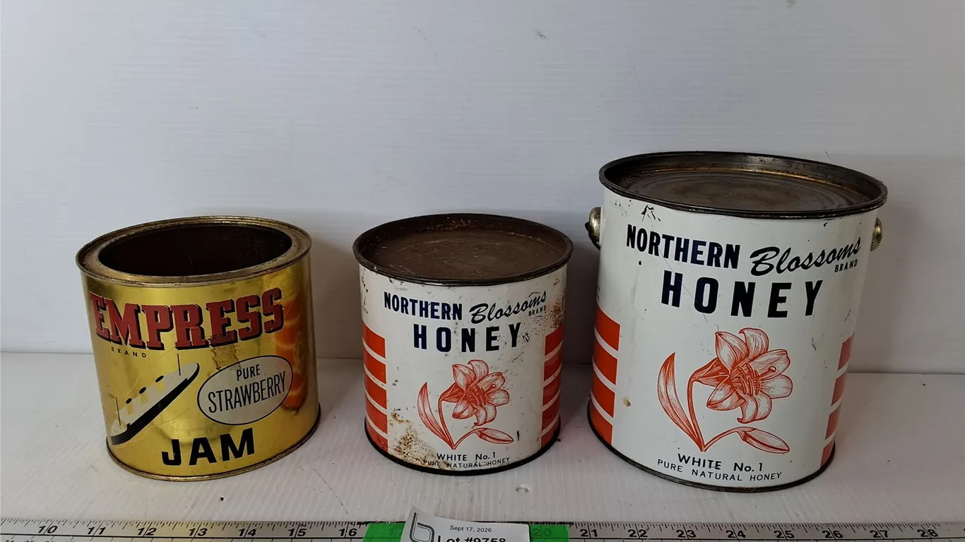 (3) Vintage Cans up to 6.75"- Northern Blossoms Honey & Empress Jam