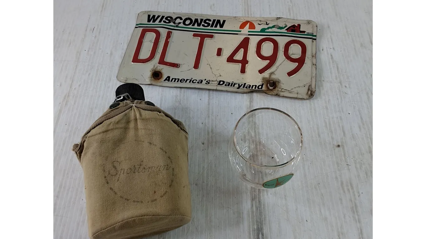 Wisconsin Liscense Plate, Sportsman Metal Water Canteen, Kohler Furniture Cup