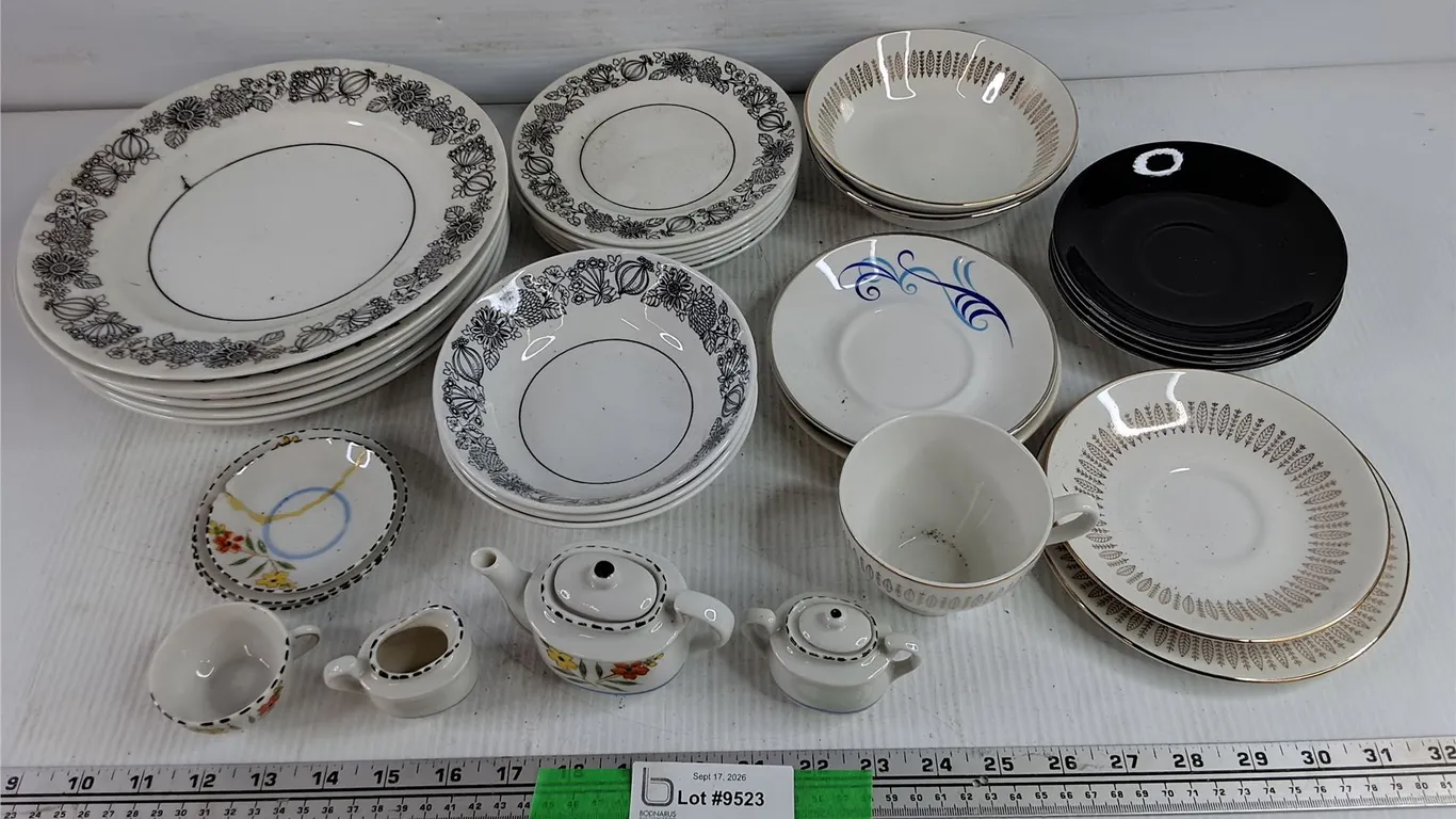 Miniature Cream & Sugar Tea Set, Manitou Ceramic Plates & Bowls, Saucers, Tea Cup