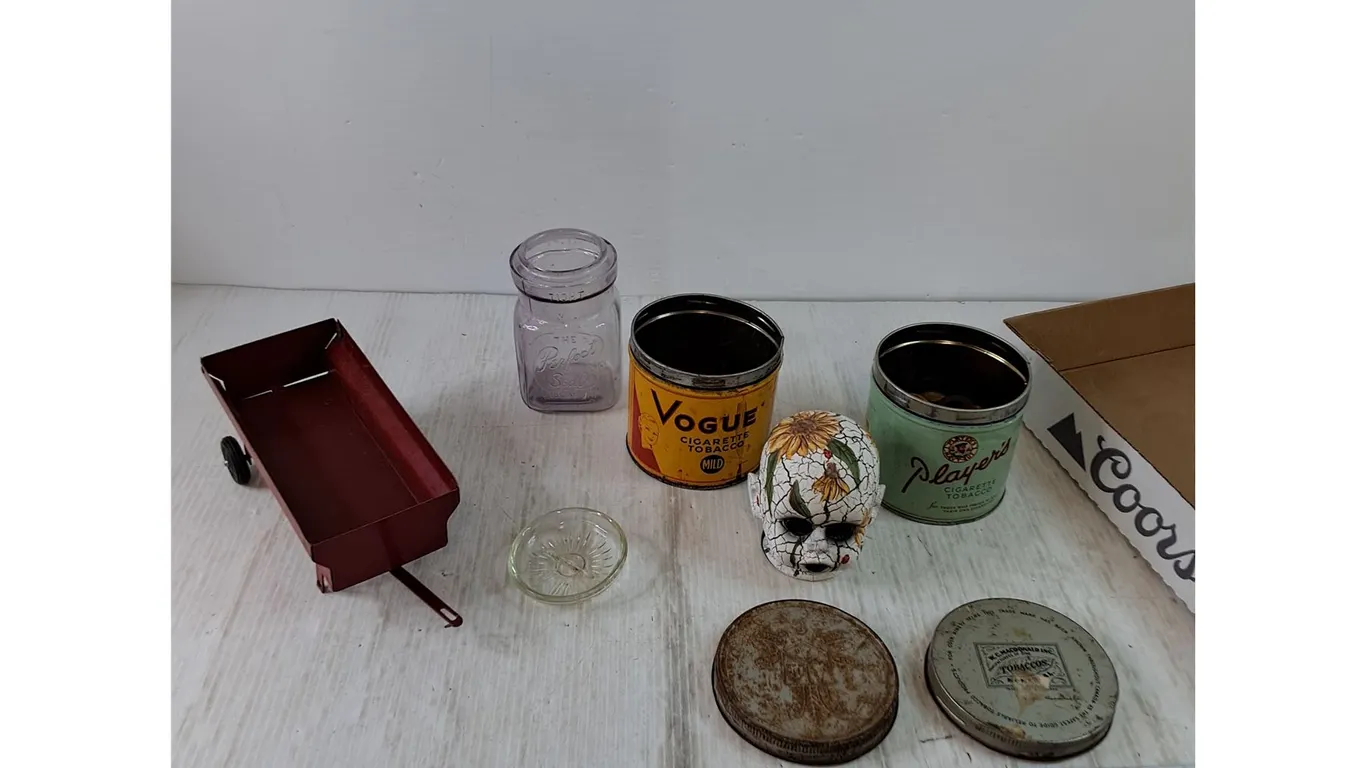 Toy Grain Cart, Perfect Seal Jar, (2) Tobacco Tins, Doll Head, Wooden Rings