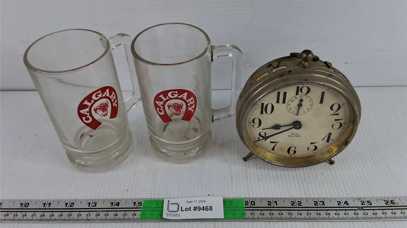 Calgary Glass Coffee Mugs, Westclox Big Ben Desk Clock - As Is