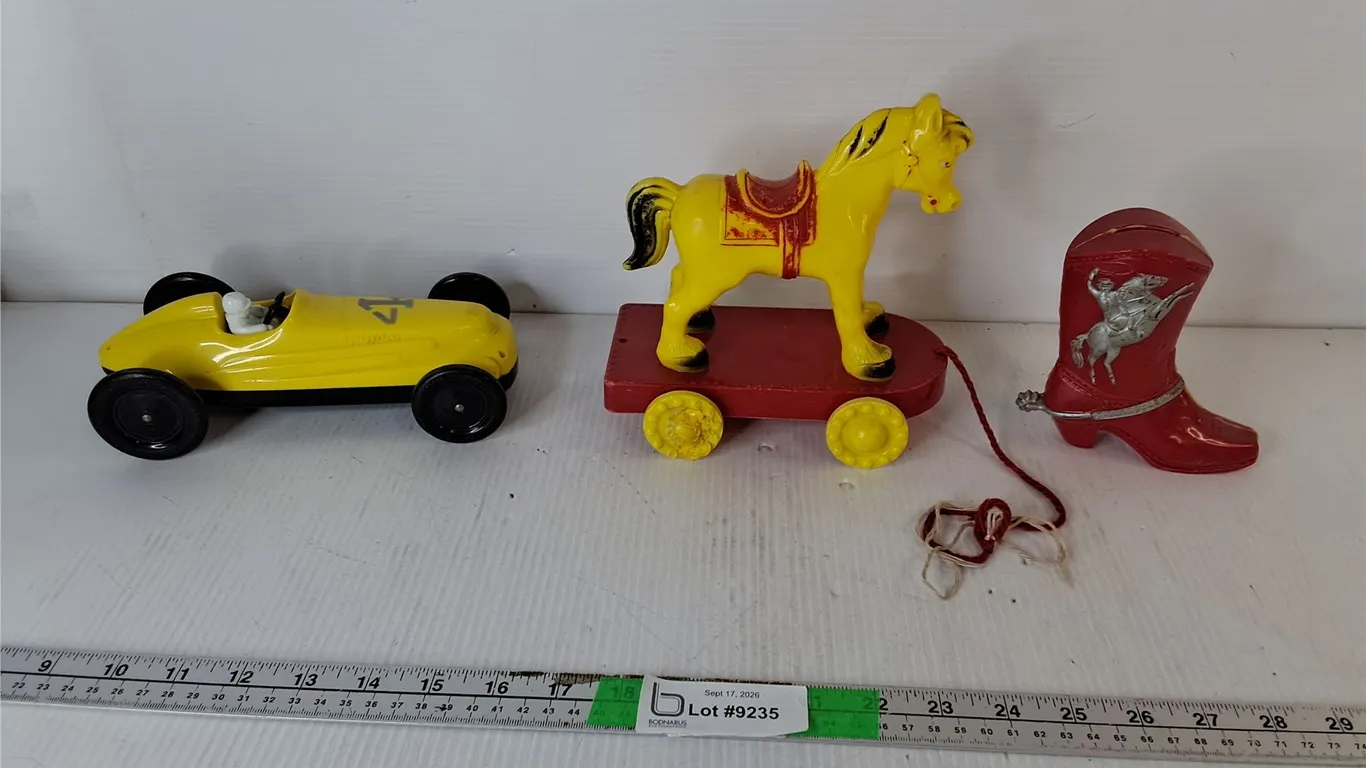 Plastic Cowboy Boot Coinbank, Toy Pullhorse & Windup Racecar