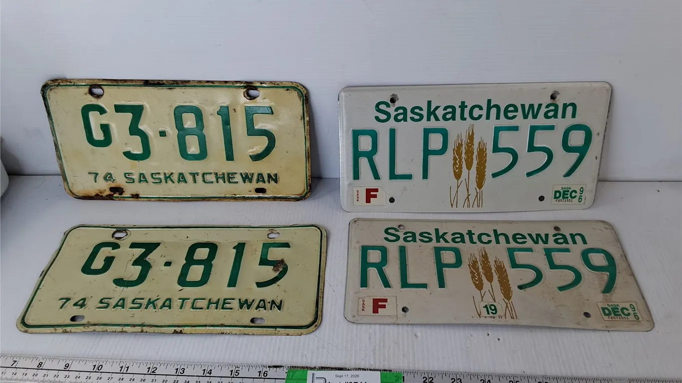 (2) Farm, (2) Vintage Saskatchewan License Plates