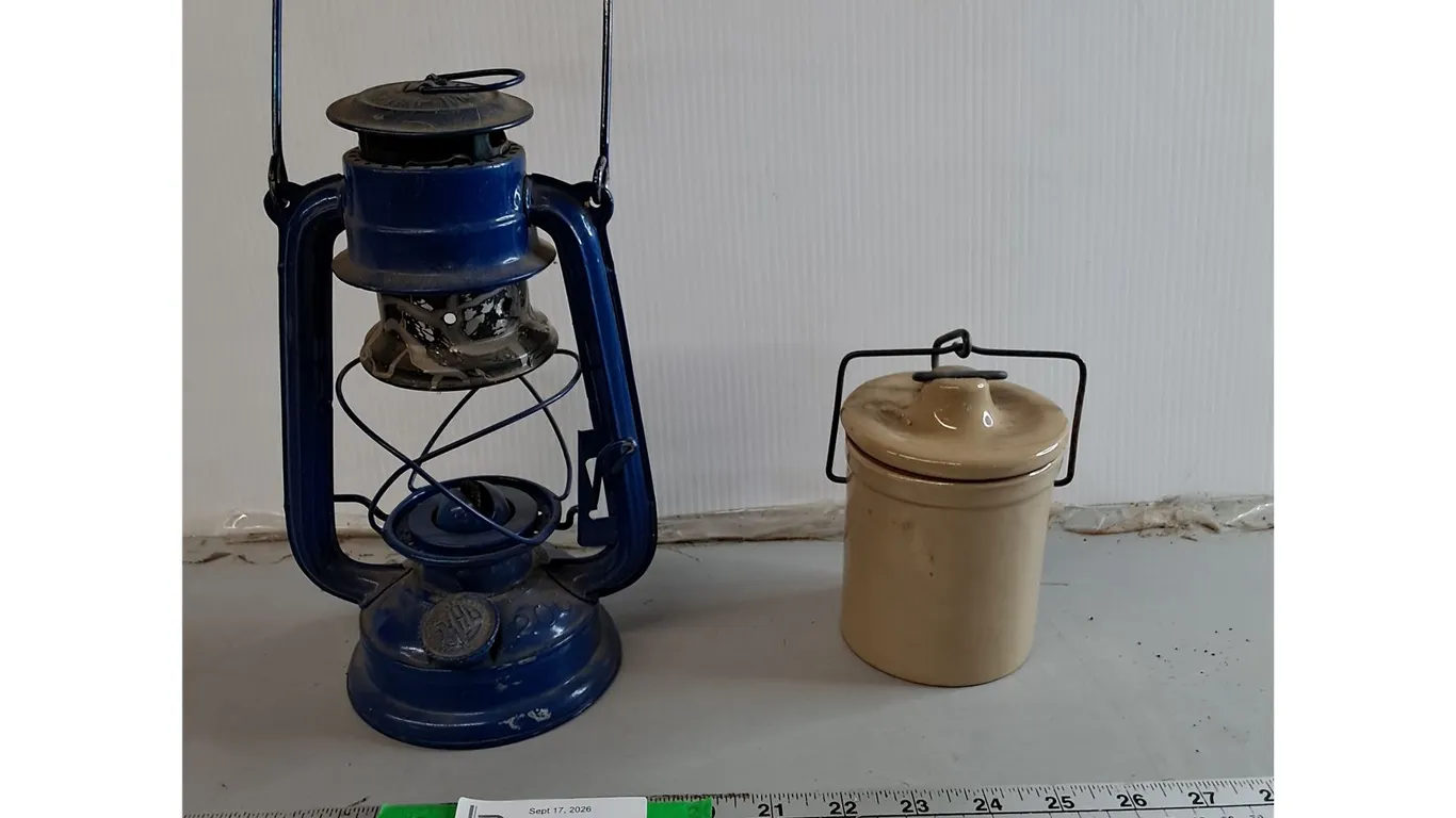 Miniature Crock 5" & Metal Kerosene Hurricane Lantern 9.25"