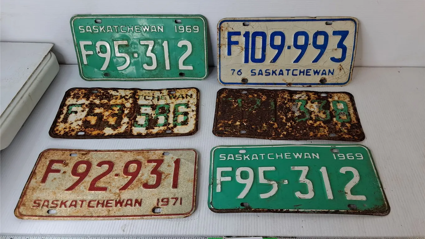 (6) Vintage Saskatchewan Farm License Plates