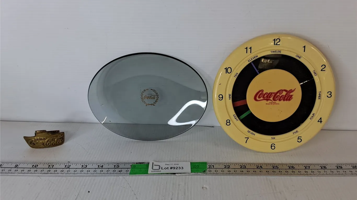 Coca-Cola Wall Clock 8", Glass Tray & Bottle Opener