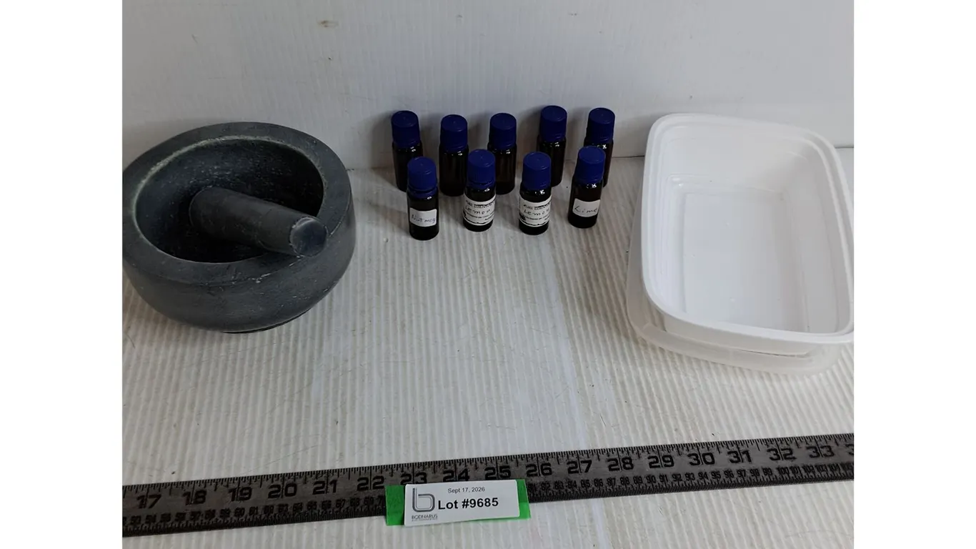 Our Table Mortar & Pestle Stoneware & (9) Assorted Essential Oils