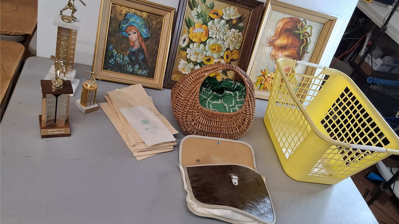 (3) Framed Prints up to 13.5" x 15.25", Woven Basket, Bowling Trophies, Misc. Can't Ship
