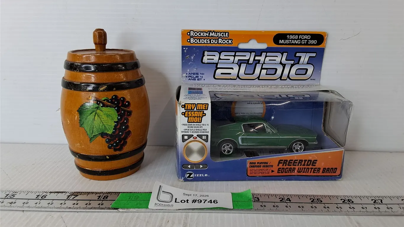 Wooden Barrel Style Coinbank 5.25" & 1968 Ford Mustang GT 390 Model Car 1:43 Scale, Appears NIB