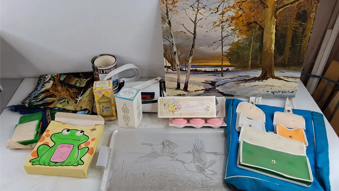Metal Serving Tray, Robert Wood Print 20" x 16" , Vintage Purse, Avon Boxes, Soap, Misc