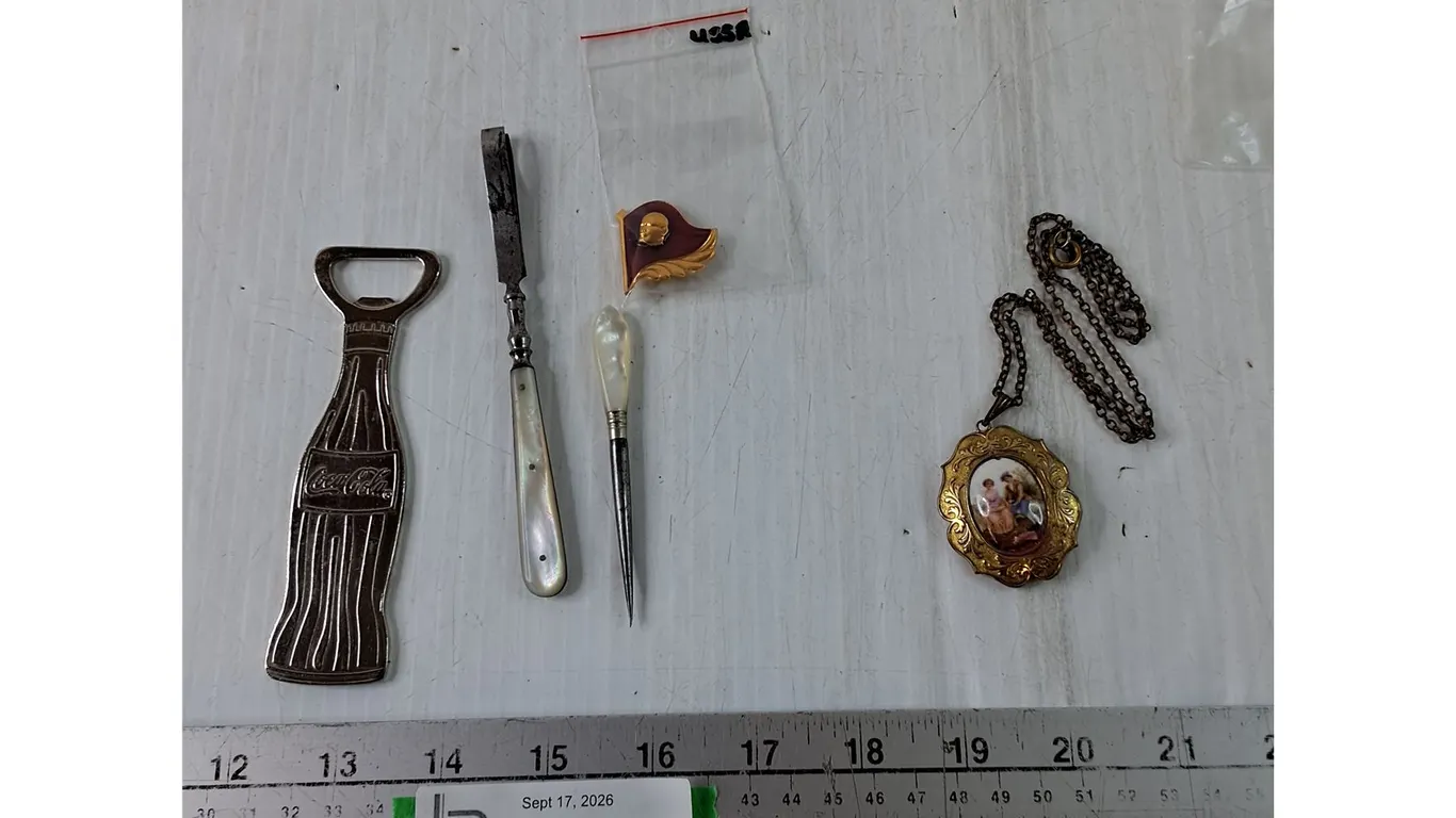 Coca-Cola Bottle Opener, (2) Manicure Tools, Lenin Red Flag Pin, Locket with Picture Frame