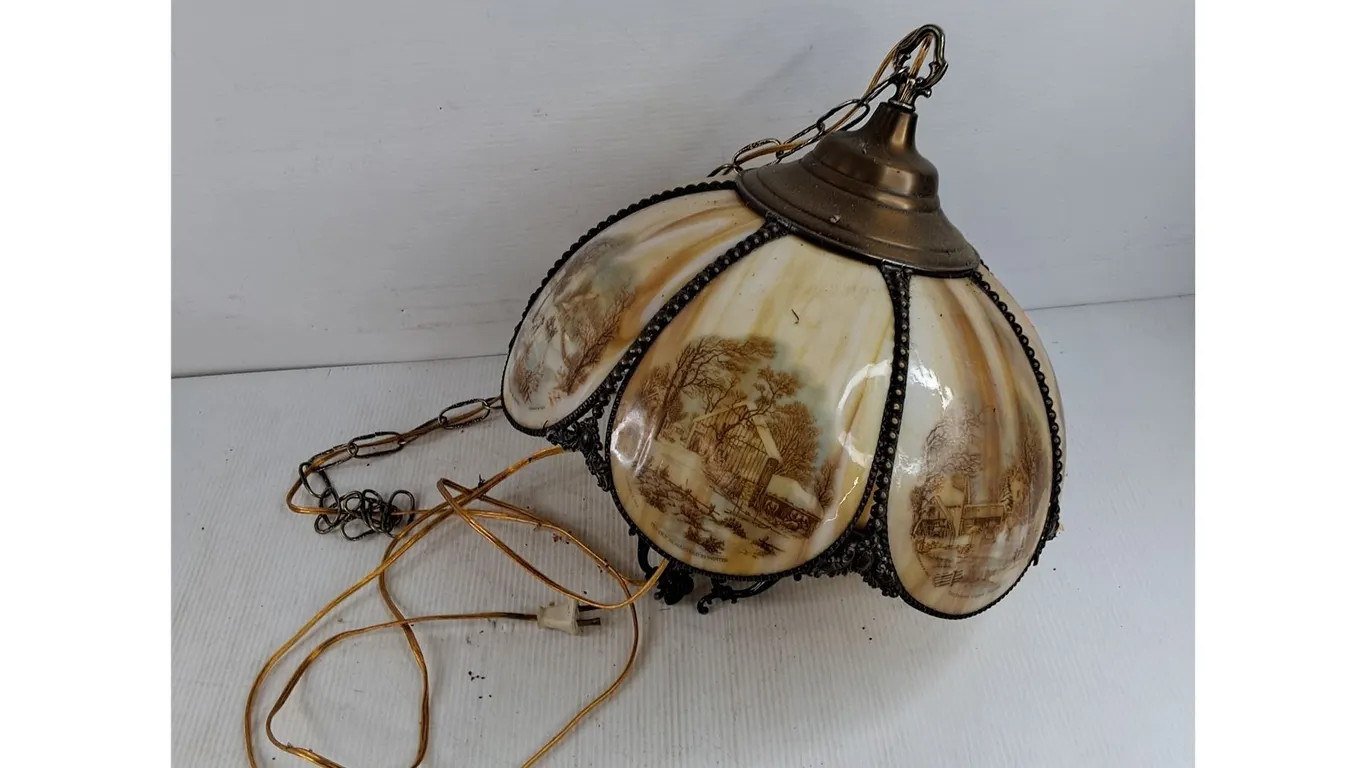 Vintage Currier & Ives The Homestead In Winter Ceiling Light Fixture - Powers On, As Is