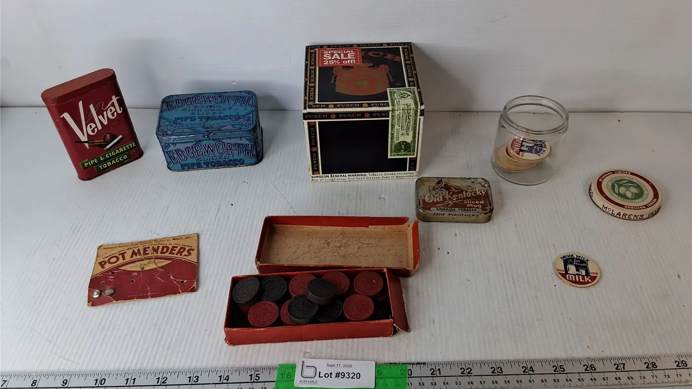 Vintage Tobacco Tins, Checkers, Drink Milk Cardboard Caps, Misc.