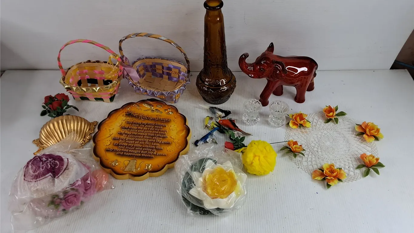 Wicker Baskets, Glass Vase, Ceramic Elephant, Chalkware Plaque, Candles, Ornaments