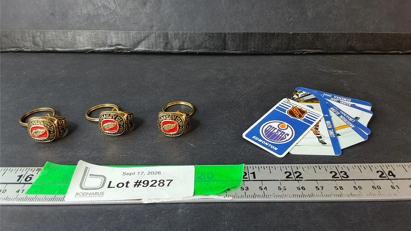 Edmonton Oilers Keychain & (3) Detroit Red Wings Rings- Approx. Size 8