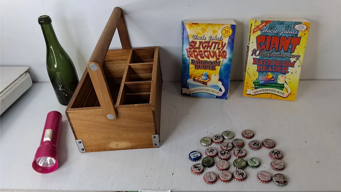 (2) Uncle John Bathroom Readers, Wooden Caddy, Vintage Bottlecaps, Misc.
