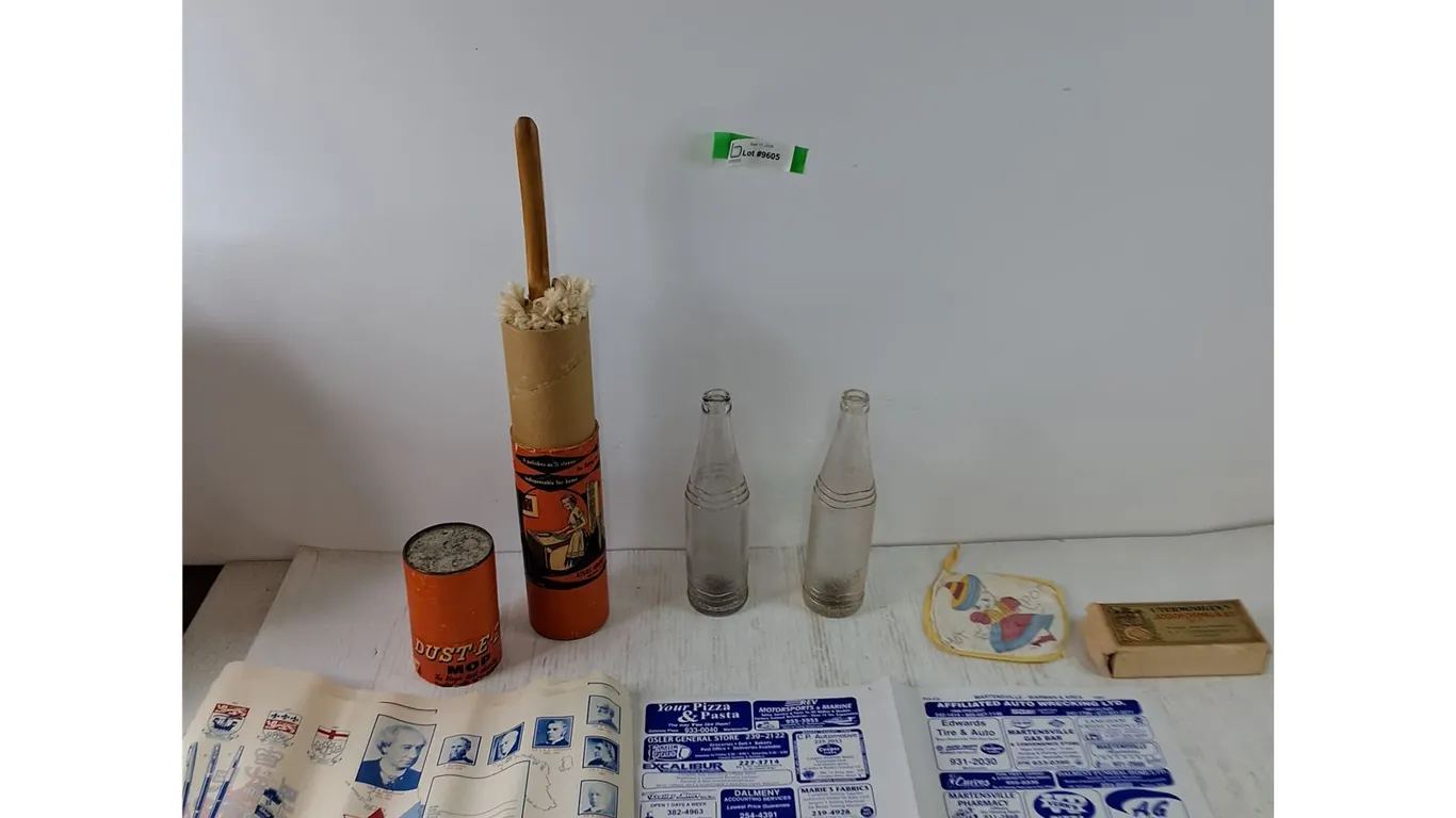 Dust-E-Zy Mop With Tube, (2) Hices RB Bottles, Jodoformgaas Box, (3) Confederation Posters, Misc