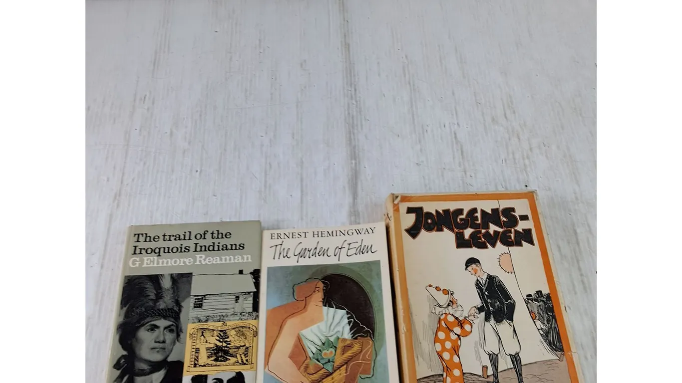 (3) Books, Trail of The Iroquois, Jongens-Leven, Garden of Eden by Hemingway