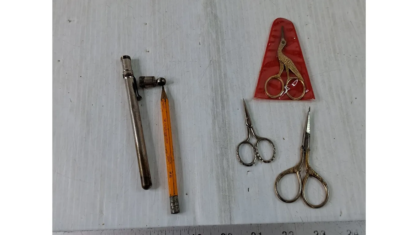 (3) Pairs of Embroidery Scissors, (1) Pencil Tube Container