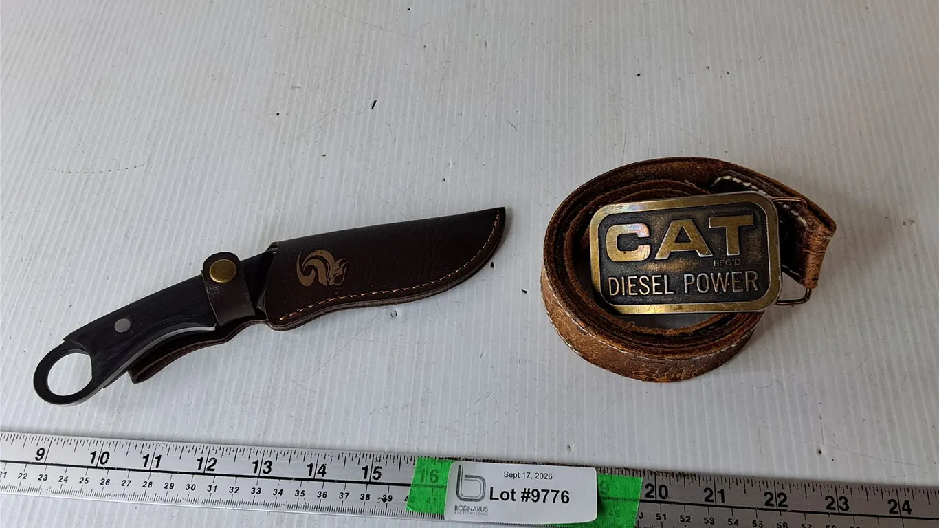 Fixed Blade Hunting Knife 8.75", Sheath, CAT Belt Buckle & Leather Style Belt