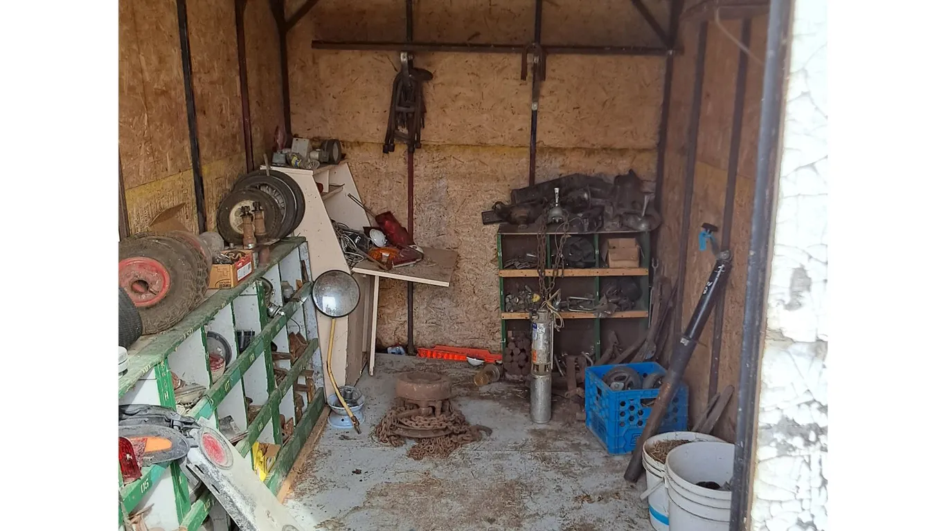 Room Contents - Utility Tires, Auto Lights, Chain Hoist, Bolts, Springs, Hitches