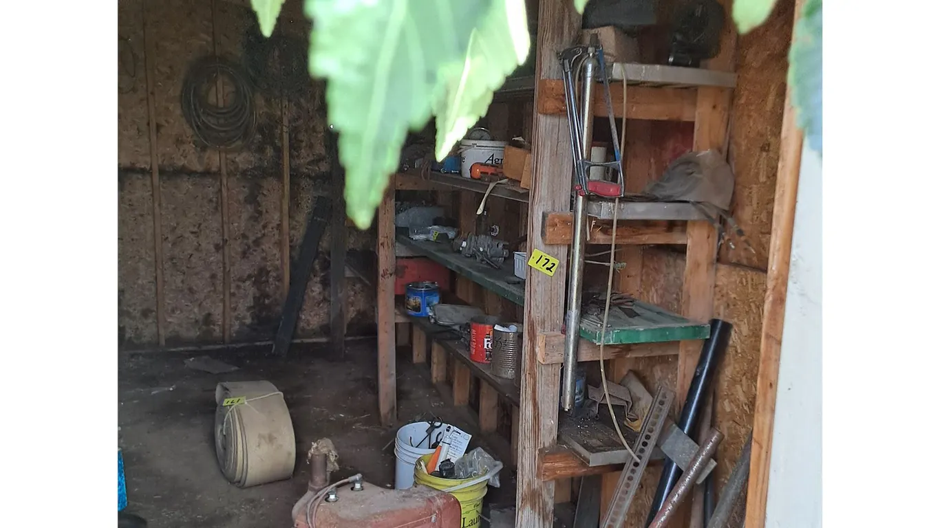 Room Contents - 510 Massey Rub Bars, Barrel Pump, Jackalls, Tool Boxes, Cultivator Spikes, Bins