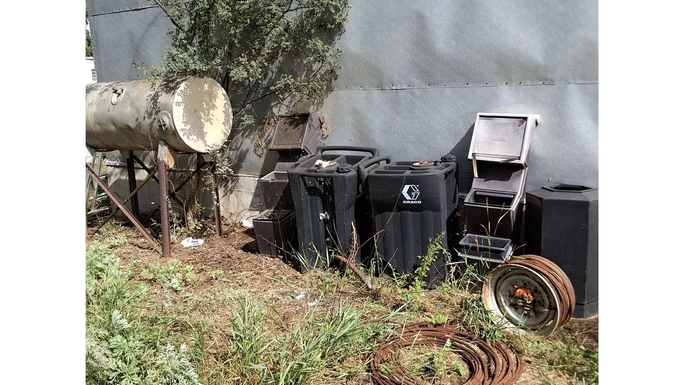 100 Gallon Fuel Tank w/Stand, Used Oil Containers, Service Station Wash, Cable, Rim, Garbag Can