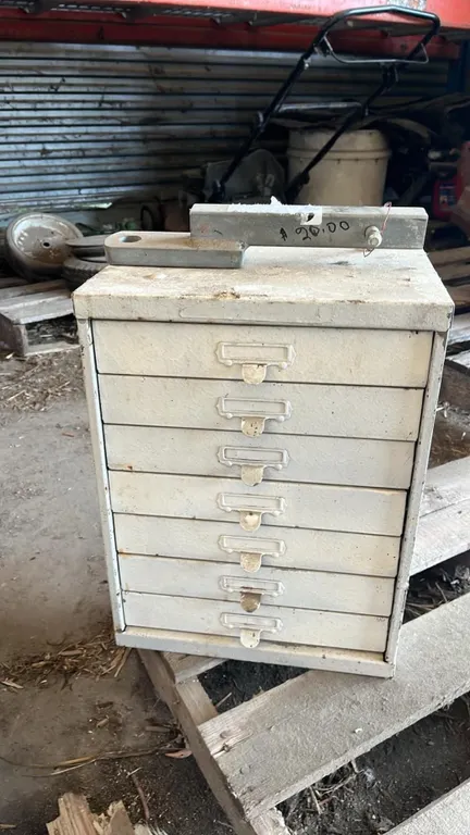 OFFSITE - 7 drawer metal cabinet, approximately 10”x12”x17” and a 1 1/4” receiver
