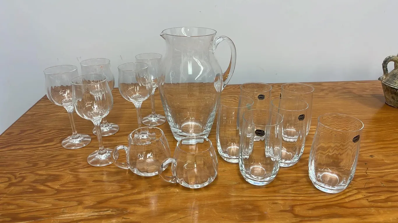 OFFSITE - Bohemia Crystal Pitcher , tumblers, and wine glasses. 14 piece set.