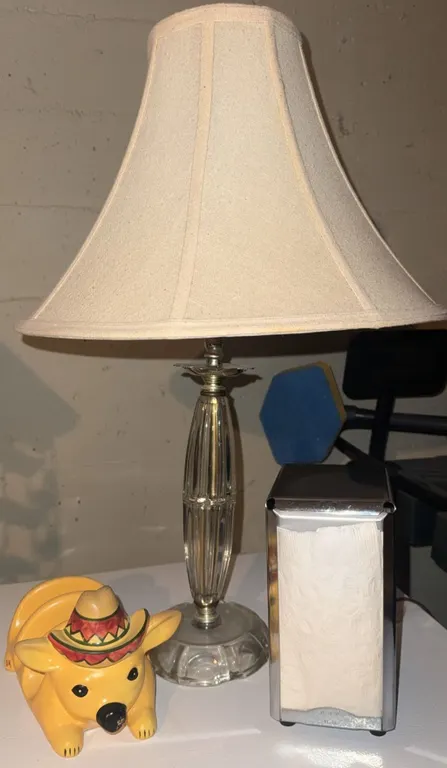 Glass Table Lamp, Metal Napkin Dispenser, and Ceramic Dog Figure Group