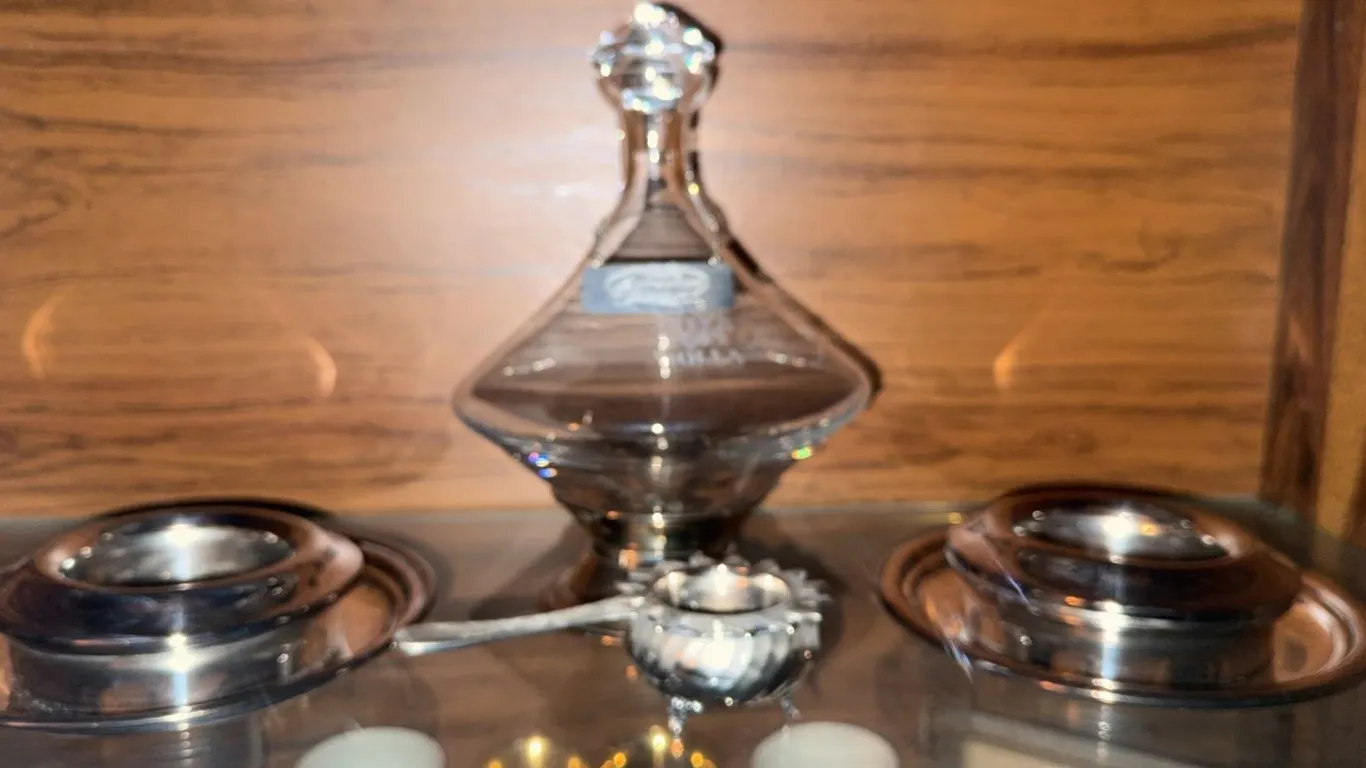 Bolla Glass Decanter with Tag and Two Silver-Plated Coasters