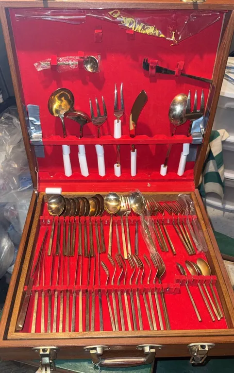 Gold Tone Flatware Set in Wooden Case, 53 Pieces