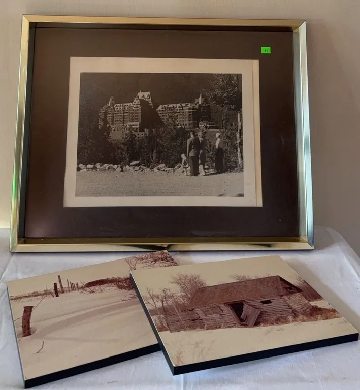 Framed Black and White Photograph with Two Mounted Rural Photographs