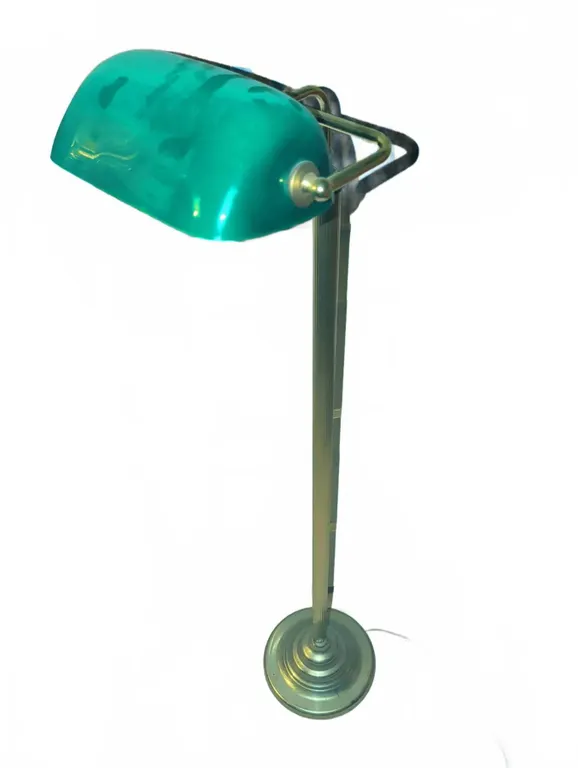 Brass Floor Lamp With Green Glass Banker-Style Shade