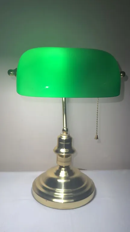Brass Desk Lamp with Green Glass Shade and Pull Chain