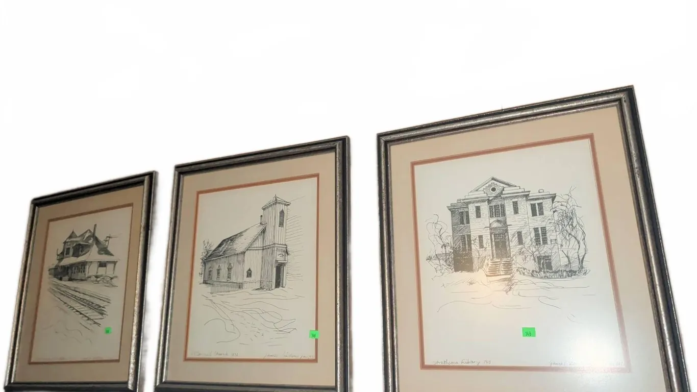 James Lindsay Pen and Ink Sketches of Historic Buildings, Framed Set of 3