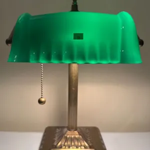 Brass Desk Lamp with Green Glass Shade and Pull Chain