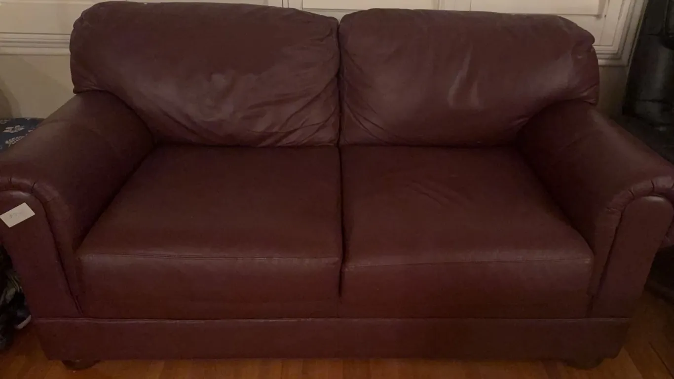 Burgundy Leather Rolled Arm Loveseat Sofa