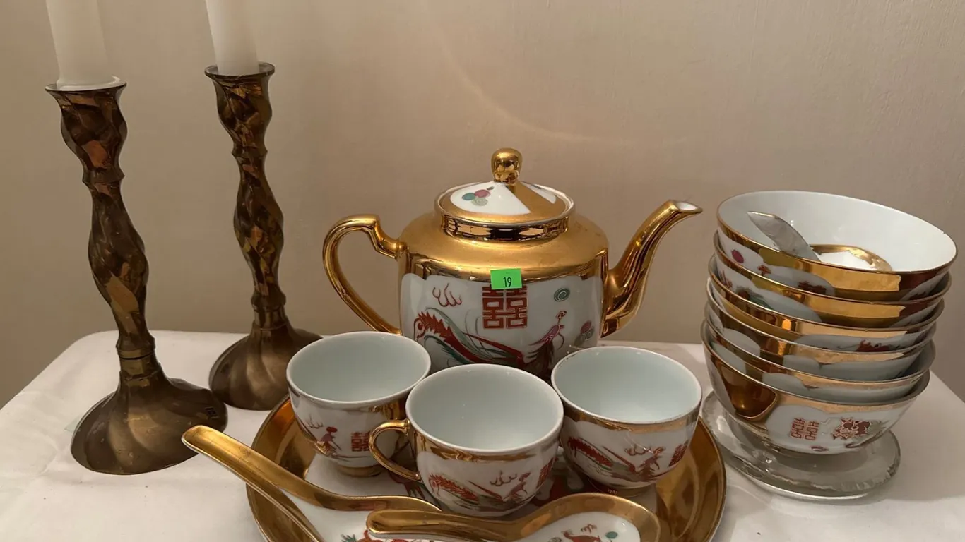 Maitian China Porcelain Gilt Tea Set With Dragon Motif and Brass Candlesticks