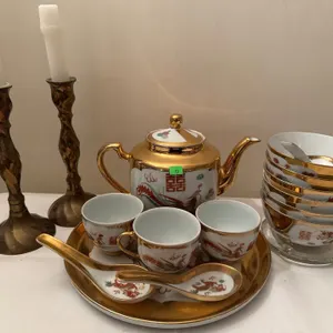Maitian China Porcelain Gilt Tea Set With Dragon Motif and Brass Candlesticks